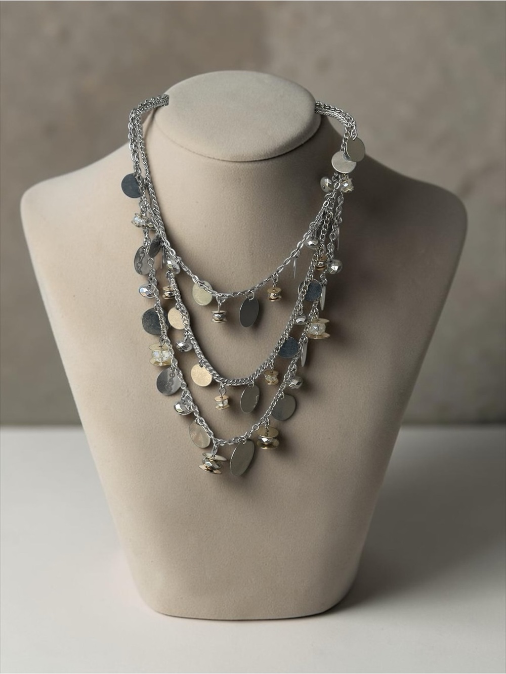 Silver Tone Multi Strand Crystal Disc Statement Necklace Gold Tone Accents